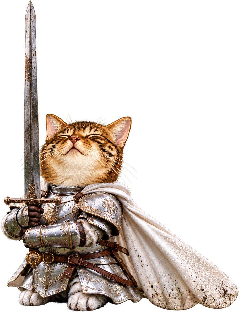 SWORDCATE — a tabby kitten knight in silver armour raising a longsword, eyes closed in triumph